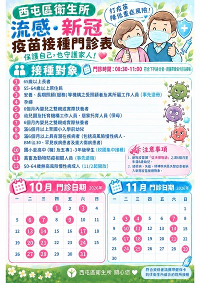 西屯區衛生所_流感及新冠疫苗接種門診表